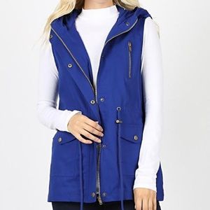 Plus Drawstring Military Hoodie Vest w/ Pockets